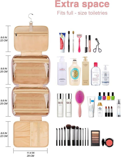 Women's Hanging Toiletry Bag, Waterproof Travel Cosmetic Organizer with Jewelry Storage, Large Capacity Makeup Case for Full-Size Skincare & Bathroom Essentials, Portable Cosmetic kit, Pink
