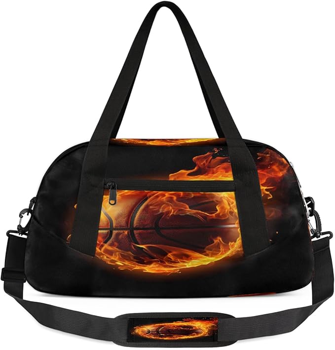 Kids Duffel Bag for Boys Girls Teens, Fire Basketball Waterproof Gym Sports Duffle Bags Dance Travel Overnight Weekender Bag for School Practice