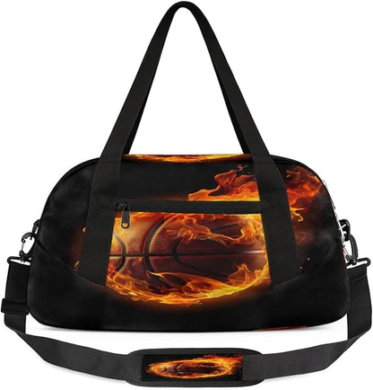 Kids Duffel Bag for Boys Girls Teens, Fire Basketball Waterproof Gym Sports Duffle Bags Dance Travel Overnight Weekender Bag for School Practice