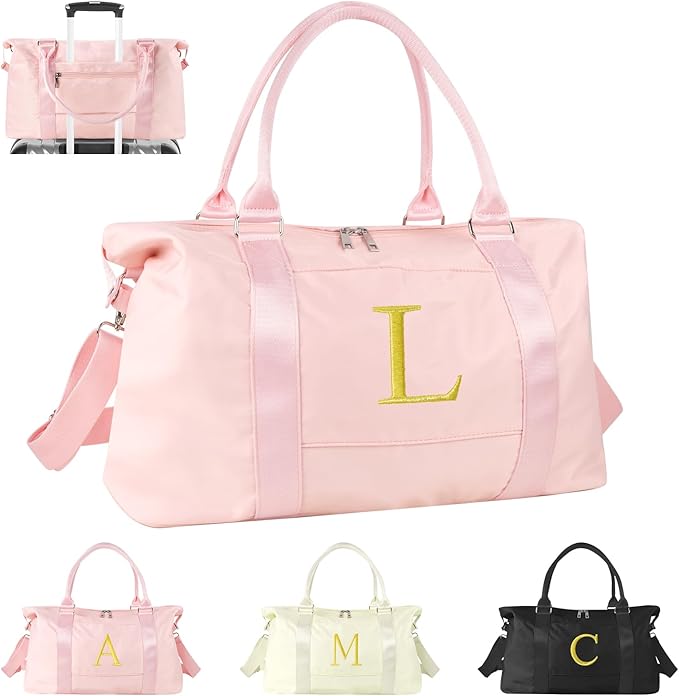 Personalized Initial Gym Dance Bag, Travel Duffel Bag for Teen Girls, Carry On Bag Overnight Weekender Bag with Trolley Sleeve, Birthday Gifts for Women Mom Daughter Graduation Gift(Letter L, Pink)