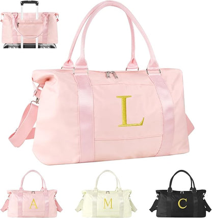 Personalized Initial Gym Dance Bag, Travel Duffel Bag for Teen Girls, Carry On Bag Overnight Weekender Bag with Trolley Sleeve, Birthday Gifts for Women Mom Daughter Graduation Gift(Letter L, Pink)
