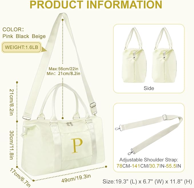 Personalized Initial Gym Dance Bag, Travel Duffel Bag for Teen Girls, Carry On Bag Overnight Weekender Bag with Trolley Sleeve, Birthday Gifts for Women Mom Daughter Graduation Gift(Letter P, Beige)