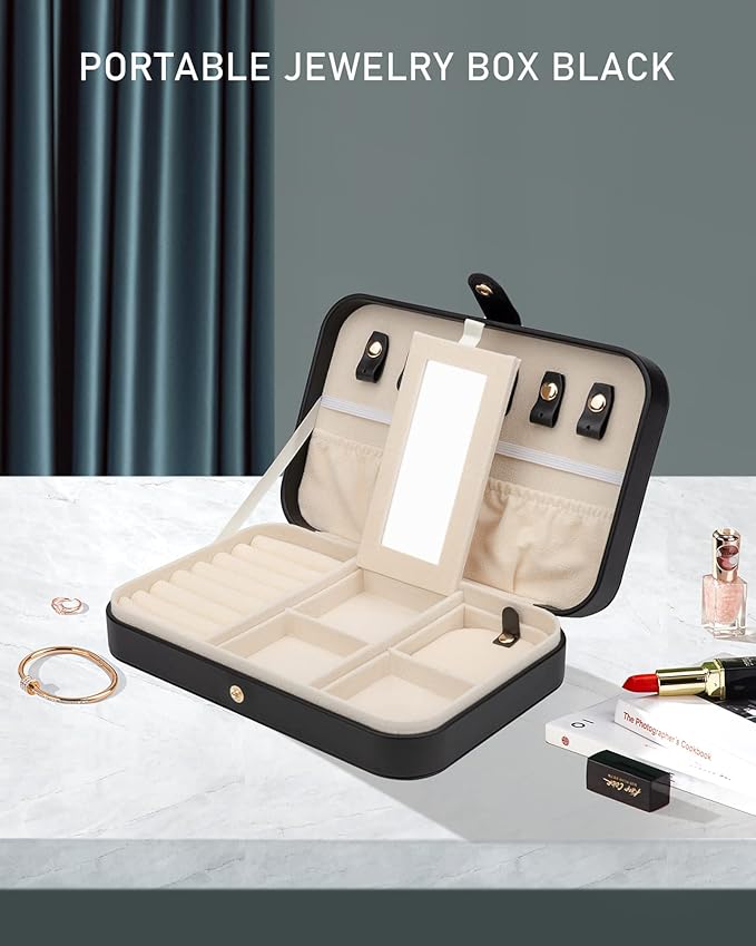 2-Layer Travel Jewelry Box for Women, Portable Jewelry Organizer with Mirror & Removable Dividers, PU Leather Jewelry Case Gift for Wife, Mom, Girlfriend (Black Beige)