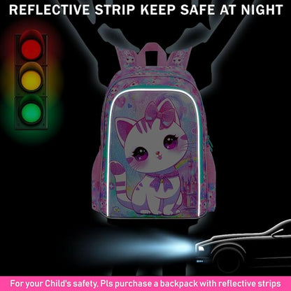 WZLVO 3PCS Cat Backpack for Girls, 16'' Kids Preschool Bookbag with Lunch Box, Cute Animal Water Resistant School Bag for Elementary Kindergarten Toddler