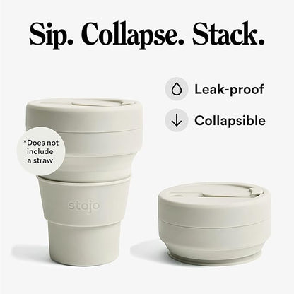 STOJO Collapsible Travel Cup - Reusable To-Go Pocket Size Silicone Bottle for Hot and Cold Drinks - Perfect for Camping - Microwave & Dishwasher Safe (Oat, 12 Ounce (Pack of 1) - No Straw)