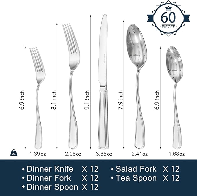KINGSTONE 60-Piece Silverware Set, 18/10 Stainless Steel Flatware Set for 12, Tableware Cutlery Set, Utensil Sets for Home Restaurant, Mirror Finish, Dishwasher Safe
