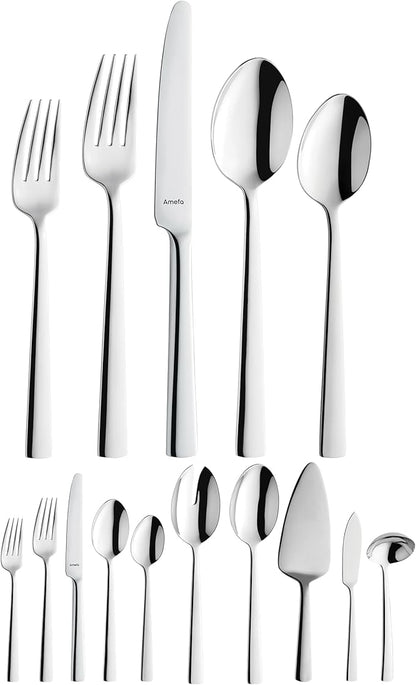 Amefa Moderno 45-Piece Flatware, Set for 8 – Stainless Steel Silverware, High-Gloss Mirror Finish, Rust-Resistant Cutlery with Dinner Forks, Knives, Spoons, Salad Forks & Teaspoons for Home Dining