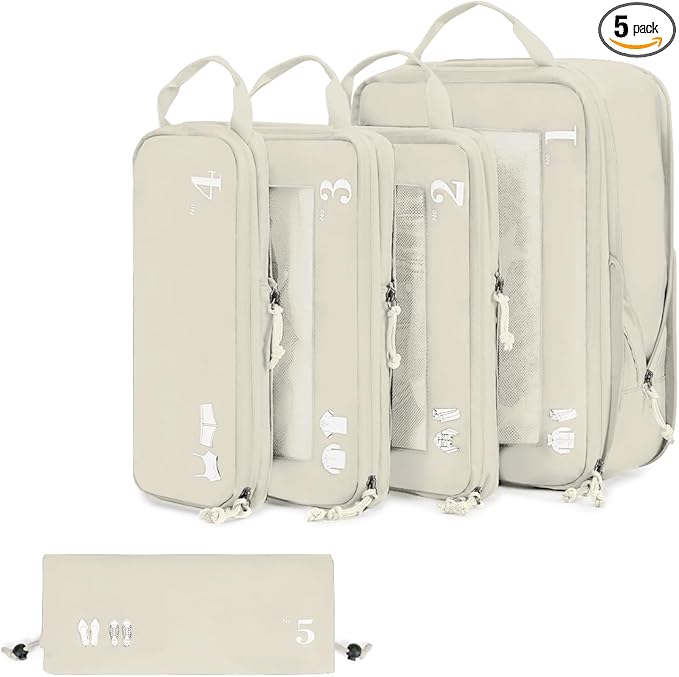 ECOHUB 5 Set Compression Packing Cubes for Suitcases Organiser Bags Set Travel Essentials with Shoe Bag for Traveling Tear-resistant Travel Accessories with ID Tag Expandable Packing Bags(Beige)