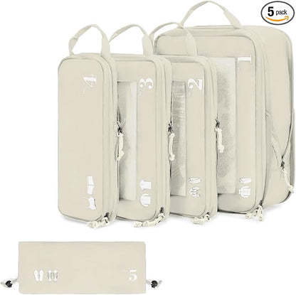 ECOHUB 5 Set Compression Packing Cubes for Suitcases Organiser Bags Set Travel Essentials with Shoe Bag for Traveling Tear-resistant Travel Accessories with ID Tag Expandable Packing Bags(Beige)