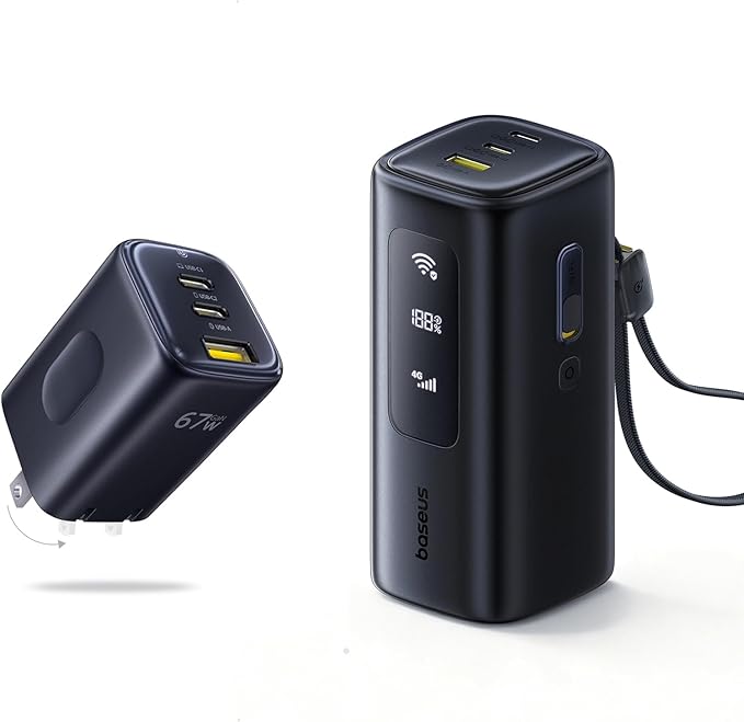 Baseus 4G WiFi Hotspot Power Bank & 67W 3 Ports USB C Charger