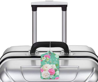Set of 2 Beautiful Floral-Themed Luggage Tags with Pink and White Roses Flower Pattern, Cute Succulent Green Suitcase Travel Tags for Women Girls, Name ID Identifier Labels with Full Privacy Cover