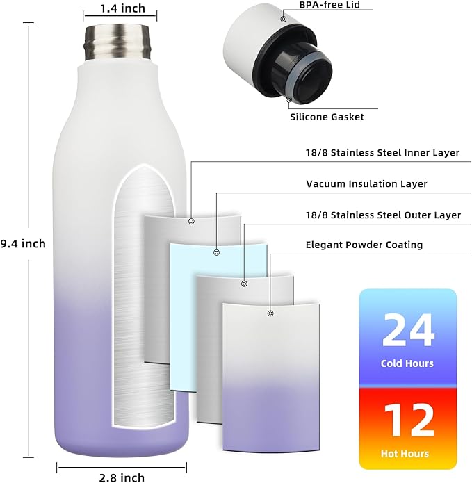 BJPKPK Insulated Water Bottle, 18 oz, Stainless Steel | Leak Proof | Pack of 2 | Lilac Elegance | With Strap