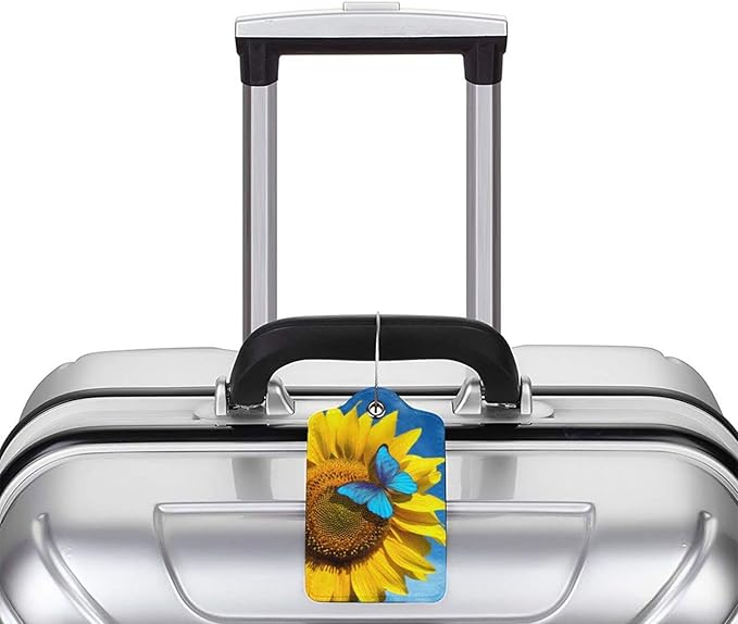 Set of 2 Pretty Sunflower Luggage Tags with Blue Butterfly Pattern, Yellow Flower Leather Suitcase Tag Privacy Name ID Card Travel Bag Labels with Stainless Steel Loop Birthday Gifts for Women Girls