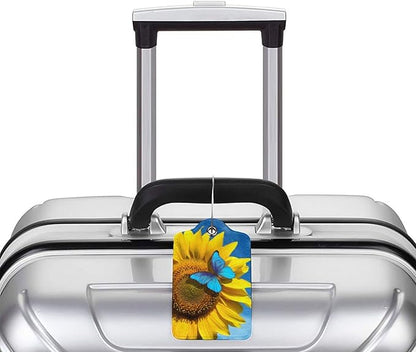Set of 2 Pretty Sunflower Luggage Tags with Blue Butterfly Pattern, Yellow Flower Leather Suitcase Tag Privacy Name ID Card Travel Bag Labels with Stainless Steel Loop Birthday Gifts for Women Girls