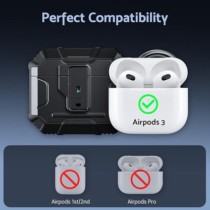 DASFOND Armor Cover Airpods 3 Generation Case, Military Grade Full Body Shockproof Protection Hard Case, Support Wireless Charging with Keychain, Magnetic Lid, Front LED Visible, Black