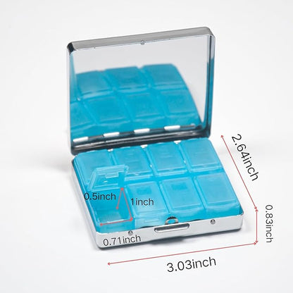 7 Days Chromed Shiny Silver Pill Organizer with Mirror Inside Has 8 Separate Compartments Rectangle,Versatile Storage for Medication - Ideal Travel Accessory (Green owl)