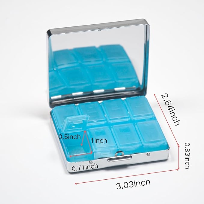 7 Days Chromed Shiny Silver Pill Organizer with Mirror Inside Has 8 Separate Compartments Rectangle,Versatile Storage for Medication - Ideal Travel Accessory (Painted Dragonflies)