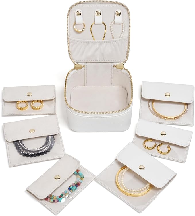 Popvibe Travel Jewelry Case Organizer Small Jewelry Box for Women with 6 Jewelry Mini Pouch, Portable Traveling Jewelry Holder Bag for Earring Necklace, White