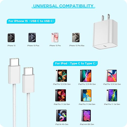 Fast Charger for iPhone 17 16 15, 3Pack USB C iPad Charge PD Fast Charger Block 6FT Long USBC to Type C i Phone Charging Cable Cord for iPhone 17 Air/Pro/Pro Max/16 Pro/Plus/15/15 Pro/Pro Max,iPad Pro