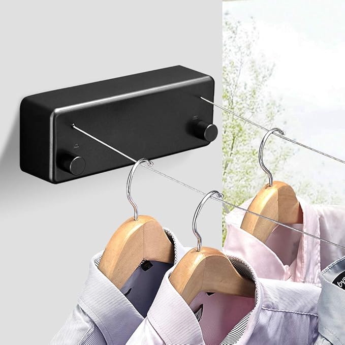 BESy Retractable Clothesline ABS case+Aluminum Dryer with Adjustable Stainless Steel Double Rope String Hotel Style Heavy Duty,Wall Mounted Method, 13.8 Feets,Black