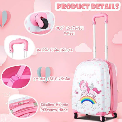 HONEY JOY Kids Luggage, 12" Toddler Backpack & 16" Travel Suitcase with Wheels, Lightweight Toddler Girls Suitcase, Durable ABS Hardshell, 2Pcs Carry On Luggage Set for Boys Girls(Unicorn)