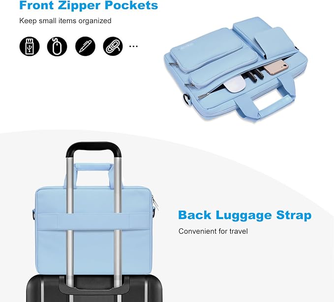 MOSISO Laptop Shoulder Bag 13.3 inch, 13-14 inch Computer Bag Compatible with MacBook Air/Pro 13 / Pro 14, HP Dell ASUS Lenovo with 2 Raised&1 Flapover&1 Horizontal Pocket&Handle&Belt, Airy Blue