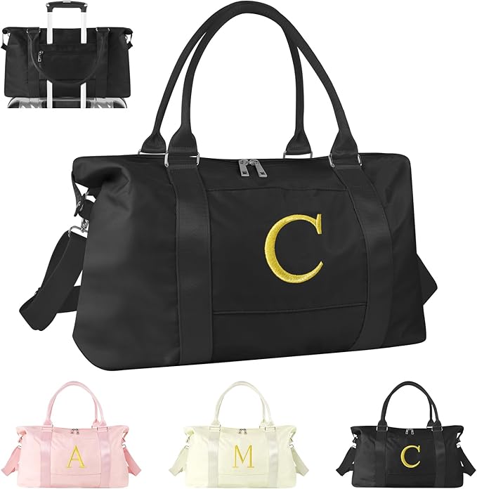Personalized Initial Gym Dance Bag, Travel Duffel Bag for Teen Girls, Carry On Bag Overnight Weekender Bag with Trolley Sleeve, Birthday Gifts for Women Mom Daughter Graduation Gift(Letter C, Black)