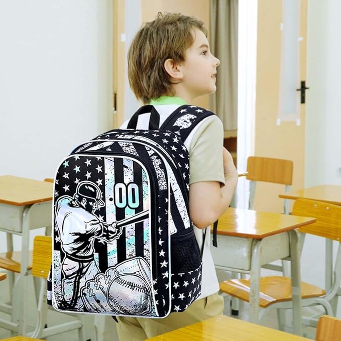 WZLVO 3PCS Boys Baseball Backpack Set, 17" Cool UV Printing Kids Bookbag/School Bag with Lunch Box & Pencil Bag for Elementary to Middle - Star-Spangled Baseball