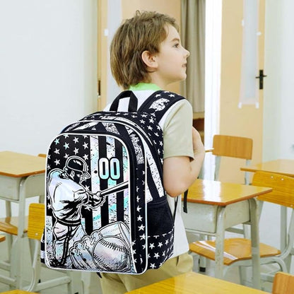 WZLVO 3PCS Boys Baseball Backpack Set, 17" Cool UV Printing Kids Bookbag/School Bag with Lunch Box & Pencil Bag for Elementary to Middle - Star-Spangled Baseball