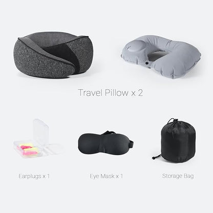Cozi Travel Pillow for Airplane,100% Pure Memory Foam Airplane Pillow with Inflatable Adjustable Neck Pillow for Women Men Traveling Sleeping Long Flight Portable Plane Accessories Deep Gray