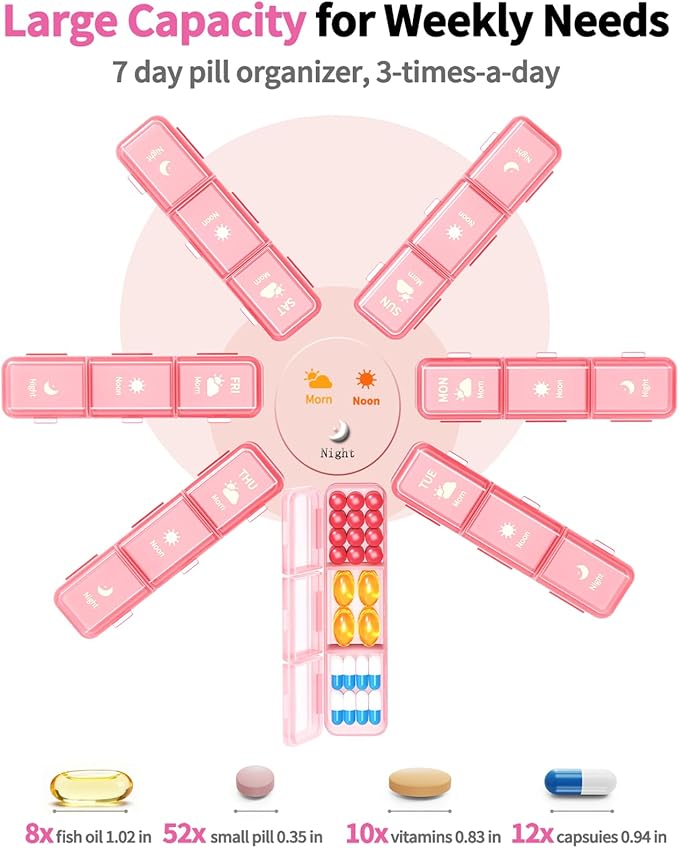 Pill Organizer 3X a Day, Large Weekly Pill Box 7 Day 3 Times a Day, Portable Travel Daily Pill Case Container for Medicine, Vitamin, Fish Oil and Supplement Storage Cute Pink