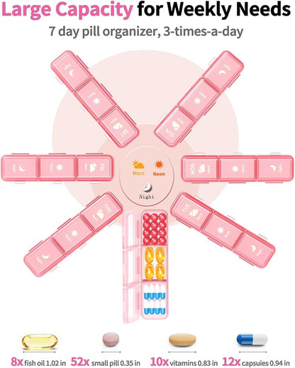 Pill Organizer 3X a Day, Large Weekly Pill Box 7 Day 3 Times a Day, Portable Travel Daily Pill Case Container for Medicine, Vitamin, Fish Oil and Supplement Storage Cute Pink