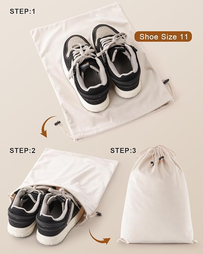 FantasyLife Shoe Bags for Travel, Washable Dust Bags for Storage & Packing, Flannel Shoe Pouch with Drawstring Closure for Purses, Handbags, Shoes & Toys (4, Beige)