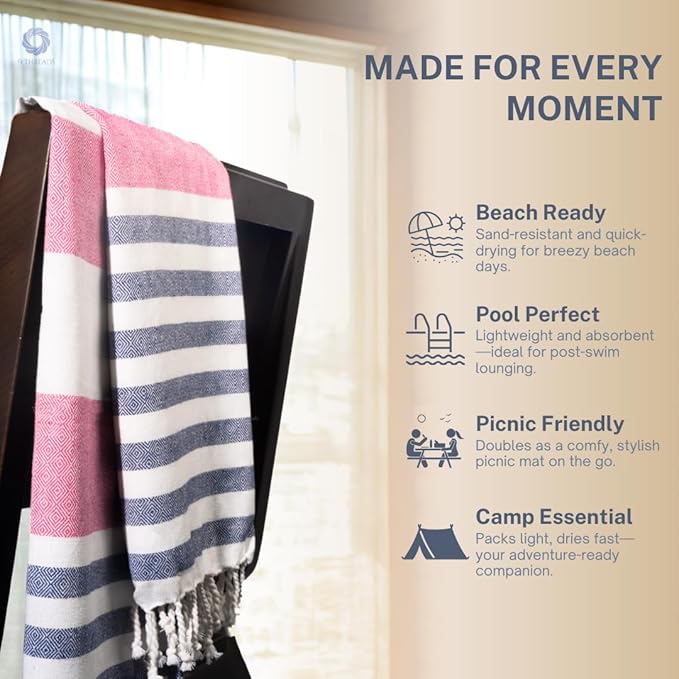 Cotton Turkish Beach Towel with Towels Oversized 36"x72" Pool Absorbent Extra Large Quick Dry Sand Travel Towel (Rosé & Riviera, 2 Pack)