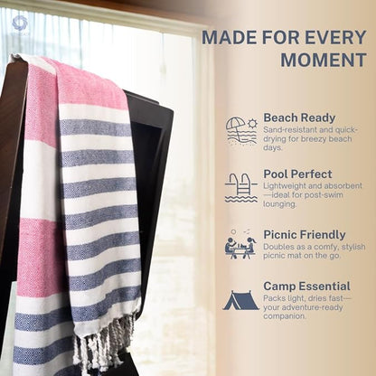 Cotton Turkish Beach Towel with Towels Oversized 36"x72" Pool Absorbent Extra Large Quick Dry Sand Travel Towel (Rosé & Riviera, 2 Pack)
