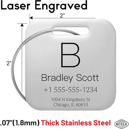 Stainless Luggage Tags for Suitcases 4 Pack: Metal Personalized Luggage Tags for Backpacks & Bags with Customizable Texts (Silver)