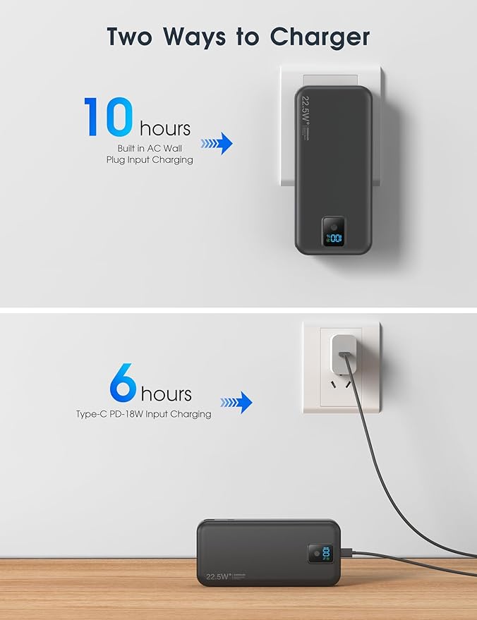 Portable Charger, 20000mAh 22.5W Fast Charging Power Bank with Built-in Cables & Wall Plug, Travel Essentials Battery Pack with LED Display, USB C External Battery Bank for iPhone iPad, Samsung Black