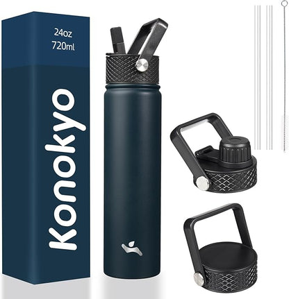 Insulated Water Bottle 24oz Stainless Steel Sport Bottles with 3 Lids,Navy Blue