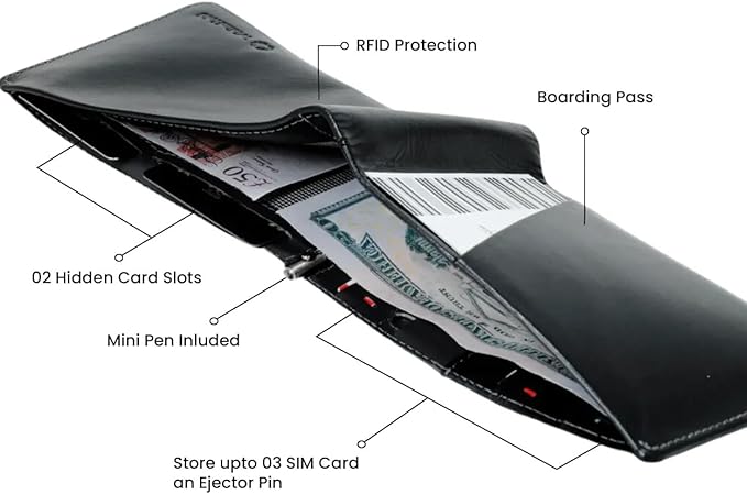 Leather Travel Wallet RFID - Slim Passport Holder for Men & Women - Fits Passport, Cards, SIMs, Pen & Boarding Pass - Secure Travel Document Organizer (Black)