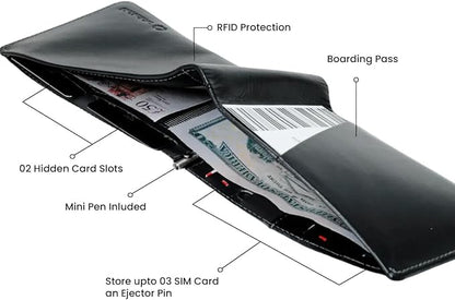 Leather Travel Wallet RFID - Slim Passport Holder for Men & Women - Fits Passport, Cards, SIMs, Pen & Boarding Pass - Secure Travel Document Organizer (Black)