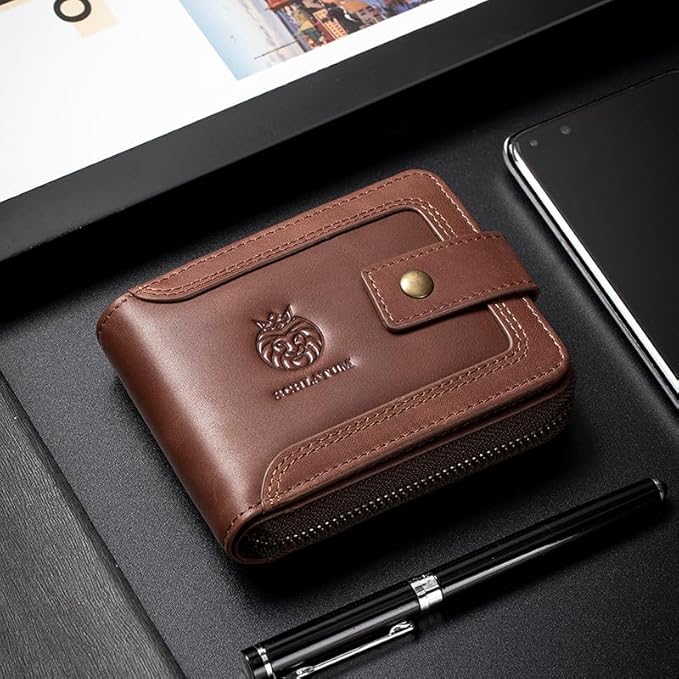 Genuine Leather Zipper Wallet for Men RFID Blocking Large Capacity Vintage Wallet with Coin Pocket ID Window, Coffee