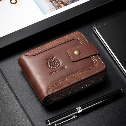 Genuine Leather Zipper Wallet for Men RFID Blocking Large Capacity Vintage Wallet with Coin Pocket ID Window, Coffee