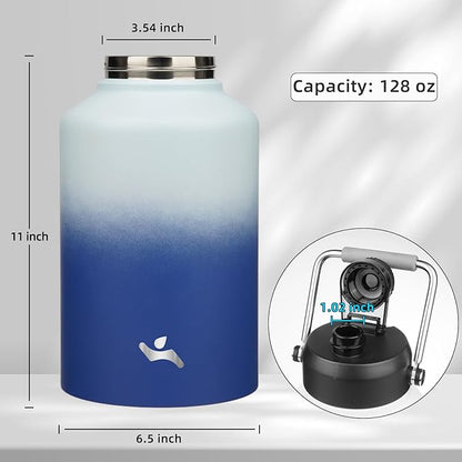 1 Gallon Jug with Handle,128 oz Insulated Water Bottle with Carrying Pouch, Double Wall Vacuum Stainless Steel Metal Bottle,Sky