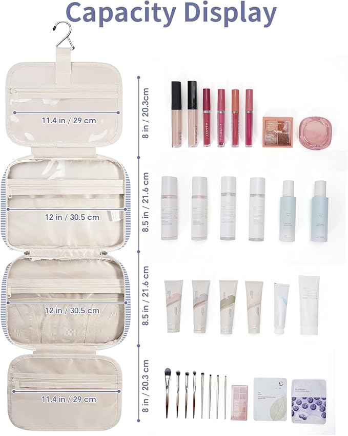 Narwey Striped Travel Toiletry Bag for Women Large Hanging Makeup Bag Organizer Toiletries Bag for Full Size Essentials Accessories Cosmetics (Greyish Blue Stripe (Large))