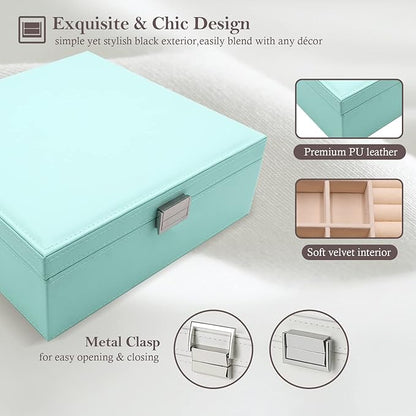 ProCase Jewelry Box for Women, 2 Layers Large Leather Jewelry Organizer Storage Case with Removable Pad for Earrings -Mint
