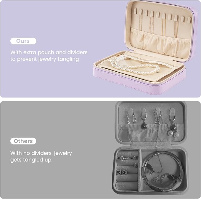 Lolalet Travel Jewelry Case for Women Girls, Travel Jewelry Organizer Box with Mirror & Clear Storage Bag, Small Portable Earring Necklace Bracelet Ring Case, Birthday Christmas Gifts -Medium, Purple