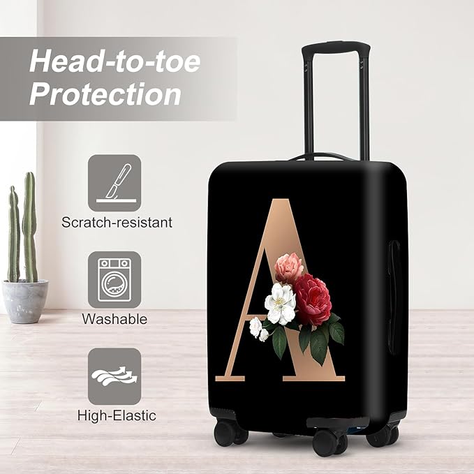 Floral A lphabet Luggage Cover Set, Vintage Letter Print Waterproof Suitcase Protector, Travel Accessories for Women Men