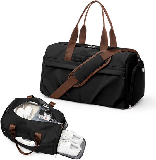 Gym Bag for Women Men with Shoe Compartment, Sport Duffel Bag, Waterproof Travel Weekender Overnight Carry on Bag for Yoga with Trolley Sleeve, Black Brown
