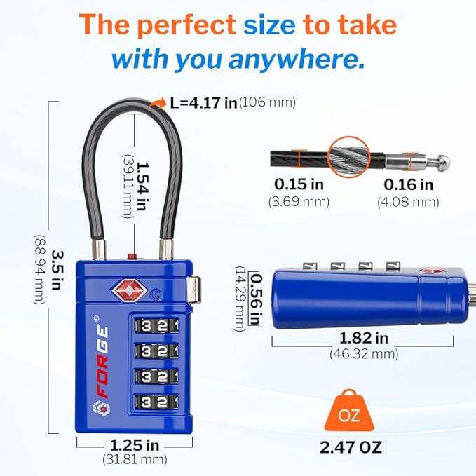 Forge TSA Approved Luggage Locks 4 Digit Combination TSA Travel Locks with TSA008, Open Alert Indicator, Zinc Alloy Body for Luggage, Suitcase, Backpack, and More. Blue 2 Locks.