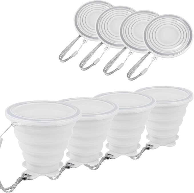 JBER Silicone Collapsible Travel Cup, 4 Pack Silicone Folding Camping Cup with Lids Expandable Drinking Cup for Outdoor Hiking Travel (White Translucent)